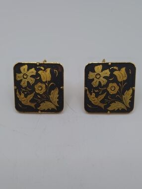 Damascene Square Bird and Flower Cufflinks Vintage